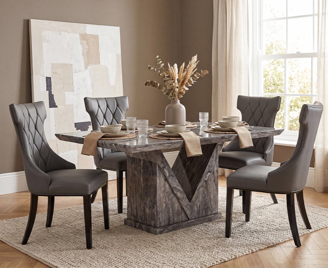 Milan 160cm Grey Marble Dining Table with 4 Grey Sophia Chairs