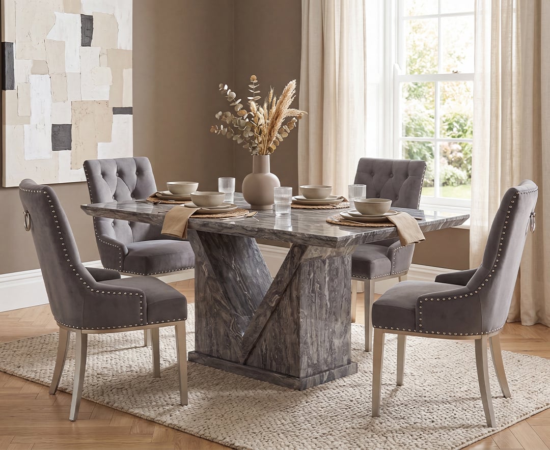 Milan 160cm Grey Marble Dining Table with 4 Grey Sienna Chairs
