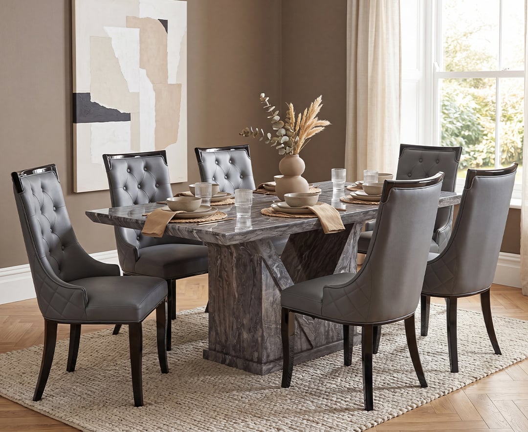 Milan 160cm Grey Marble Dining Table with 6 Grey Francesca Chairs