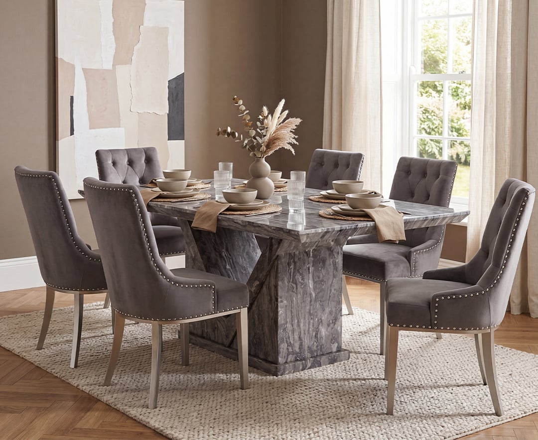 Milan 160cm Grey Marble Dining Table with 6 Grey Sienna Chairs