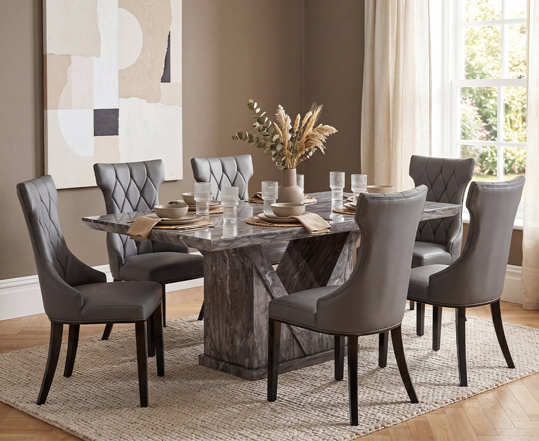 Milan 160cm Grey Marble Dining Table with 6 Grey Sophia Chairs