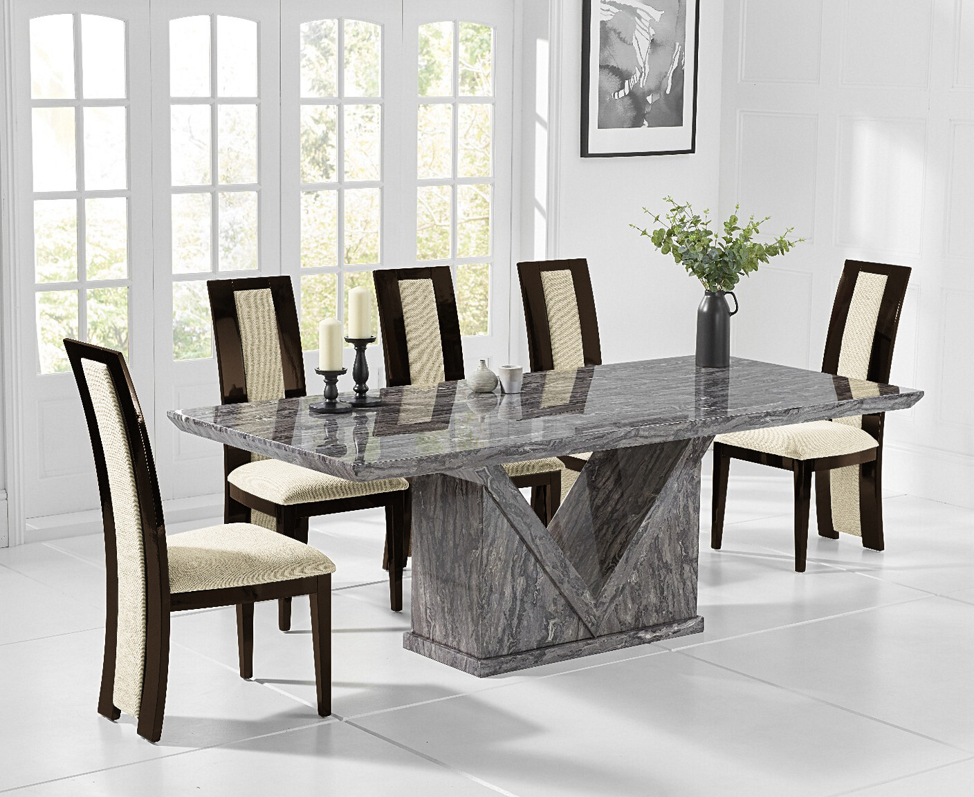 Milan 180cm Grey Marble Dining Table With 8 Brown Novara Chairs