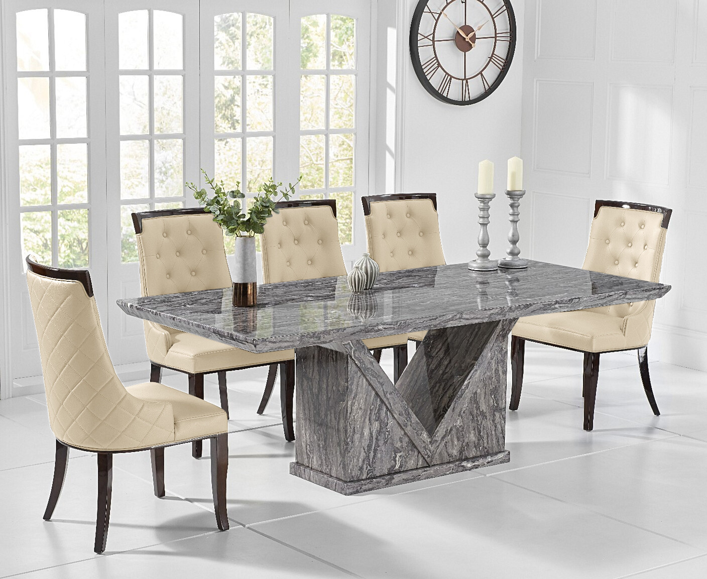 Milan 180cm Grey Marble Dining Table With 8 Cream Francesca Chairs