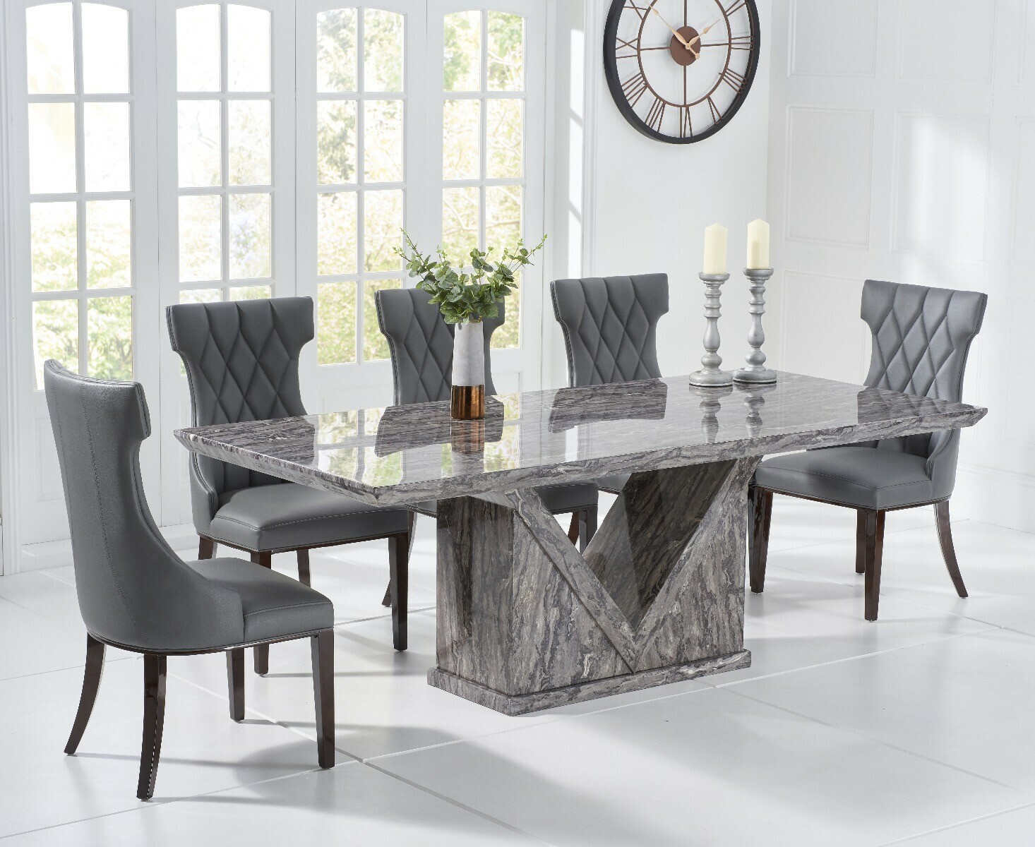 Milan 220cm Grey Marble Dining Table With 12 Cream Sophia Chairs