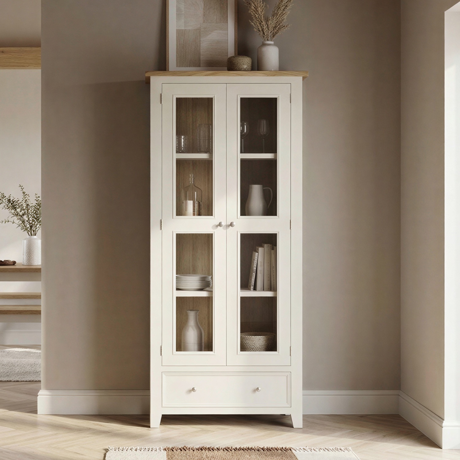 Weymouth Oak and Soft White Painted Glazed Display Cabinet