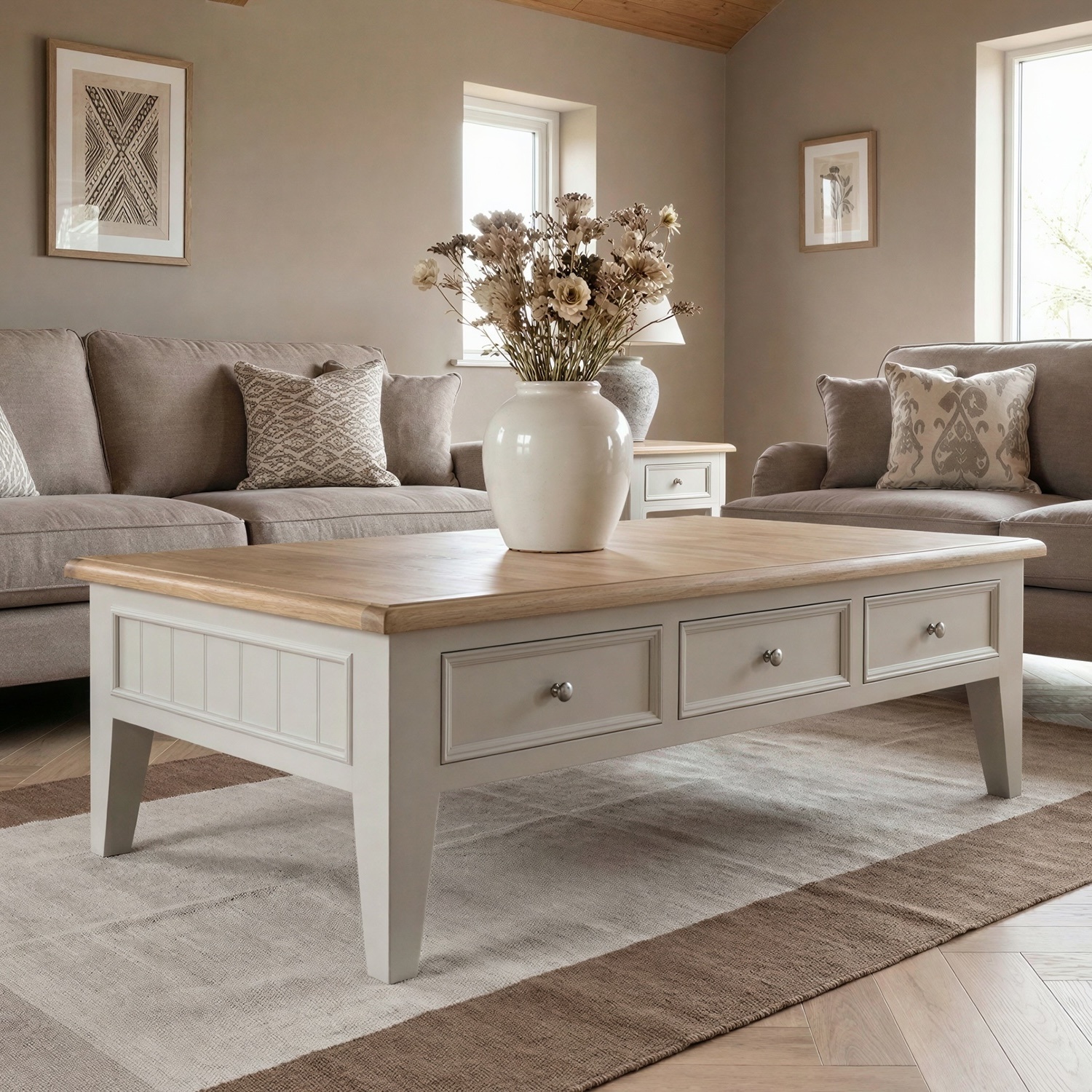 Weymouth Oak and Soft White Painted Extra Large 6 Drawer Coffee Table