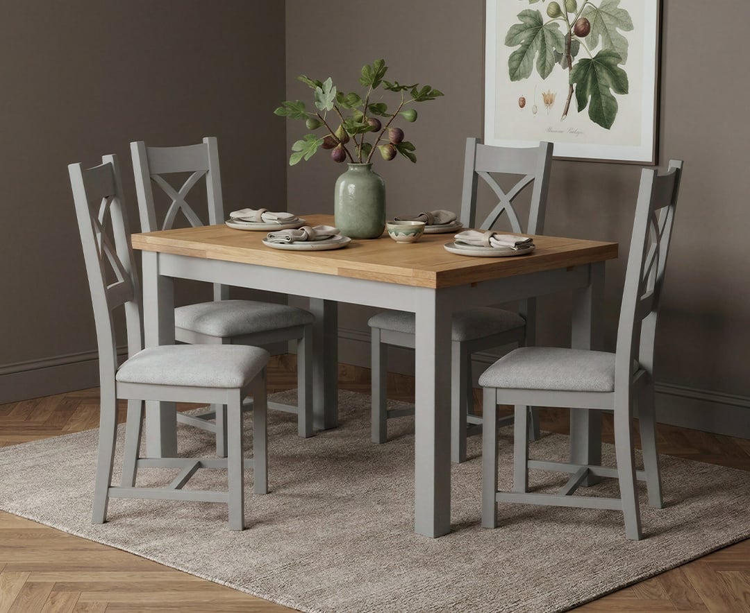 Extending Buxton 140cm Oak and Light Grey Painted Dining Table with 4 Light Grey Painted Chairs