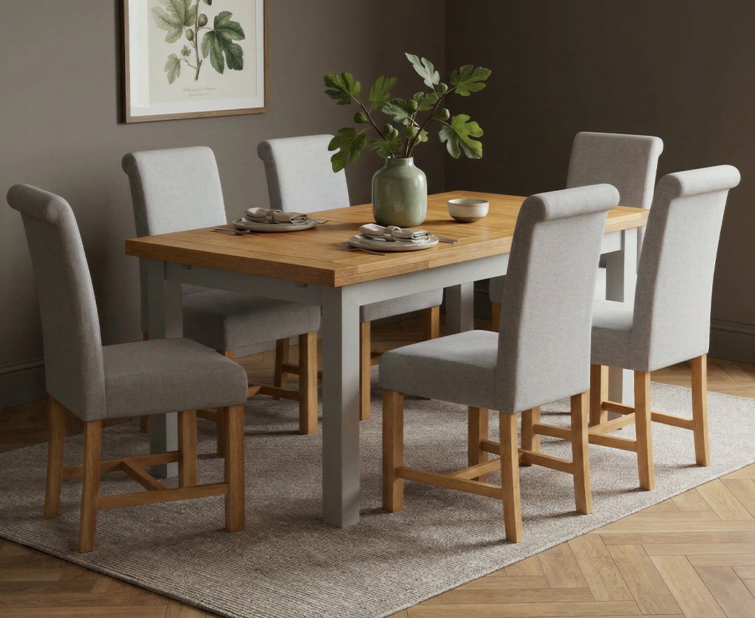 Extending Buxton 140cm Oak and Light Grey Painted Dining Table with 6 Grey Braced Chairs