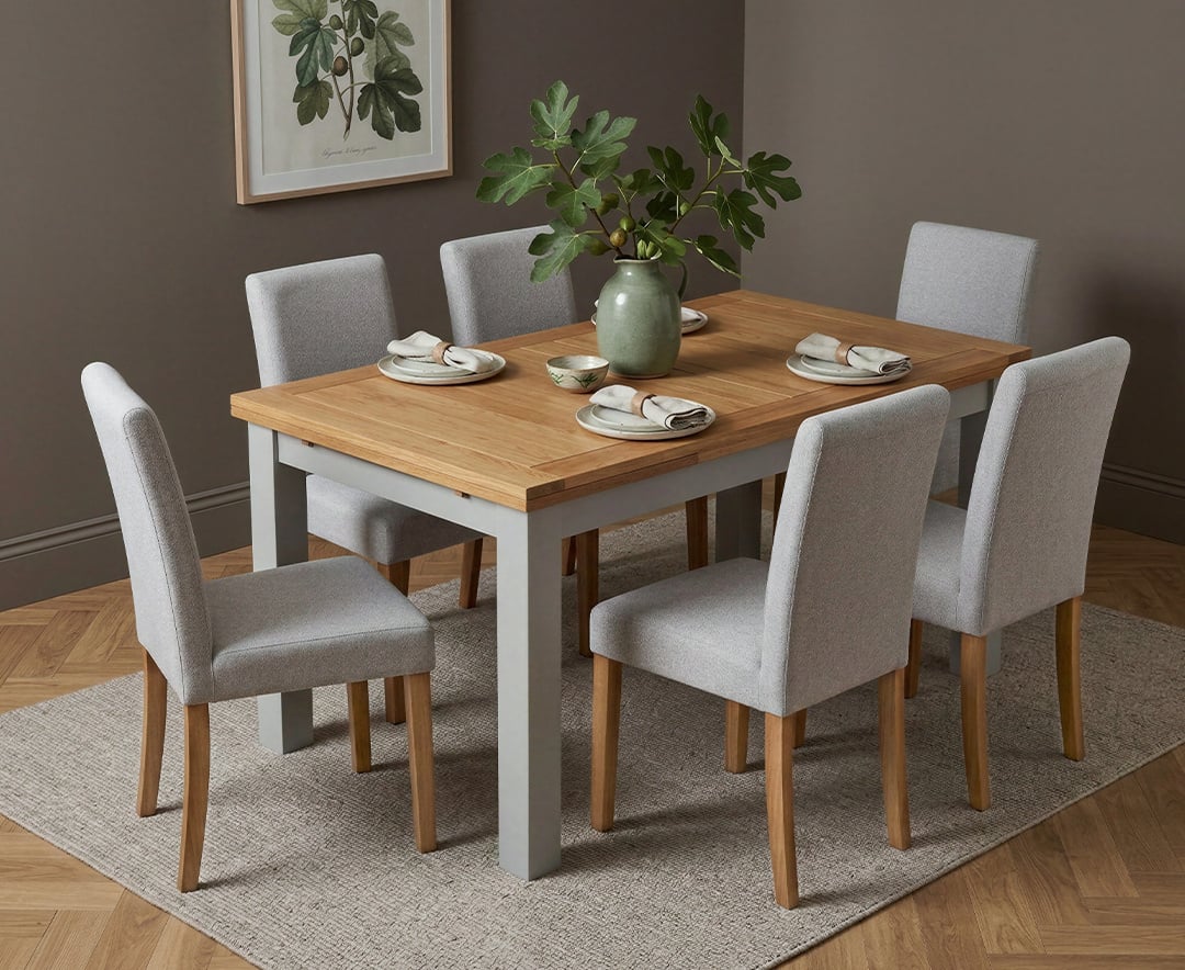 Extending Buxton 140cm Oak and Light Grey Painted Dining Table with 6 Grey Lila Chairs