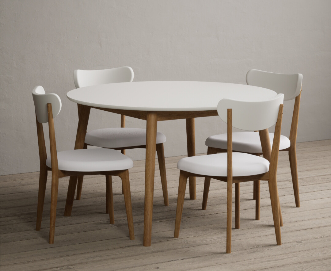 Nordic 120cm Round Solid Oak and Signal White Painted Dining Table with 4 Grey Nordic Chairs
