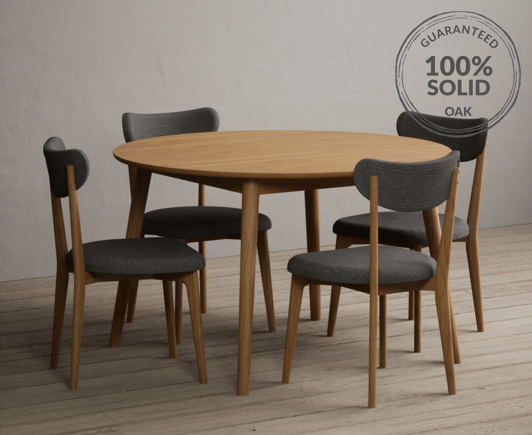 Nordic 120cm Round Solid Oak Dining Table with 4 Grey Nordic chairs ...