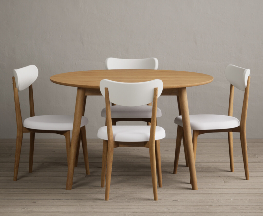 Nordic 120cm Round Solid Oak Dining Table With 4 White Nordic Chairs