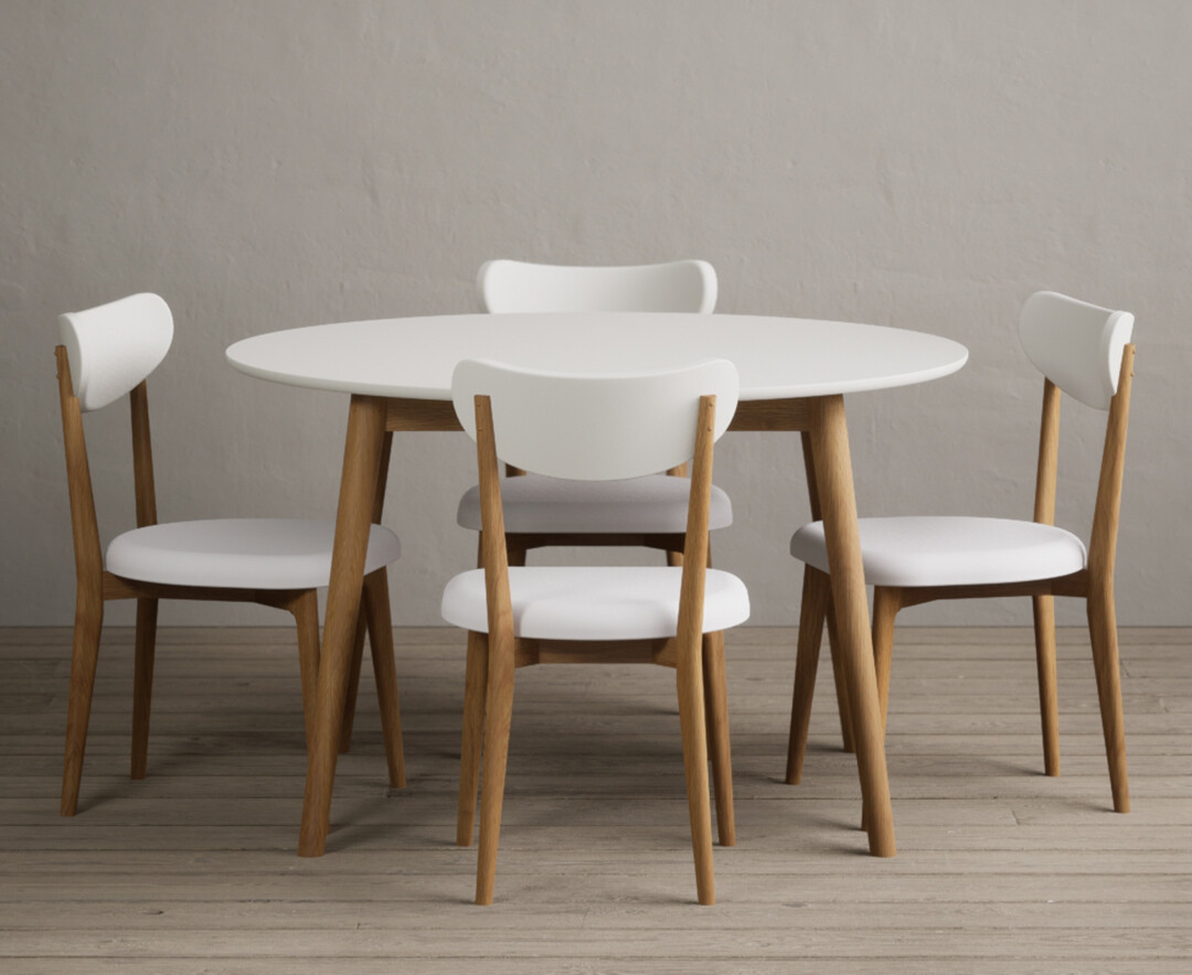 Nordic 120cm Round Solid Oak And Signal White Painted Dining Table With 4 White Nordic Chairs