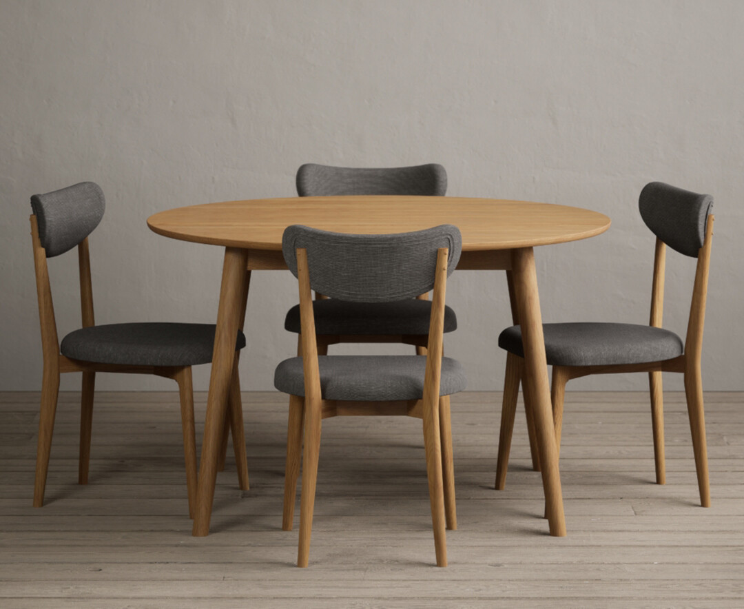 Nordic 120cm Round Solid Oak Dining Table With 4 Grey Nordic Chairs