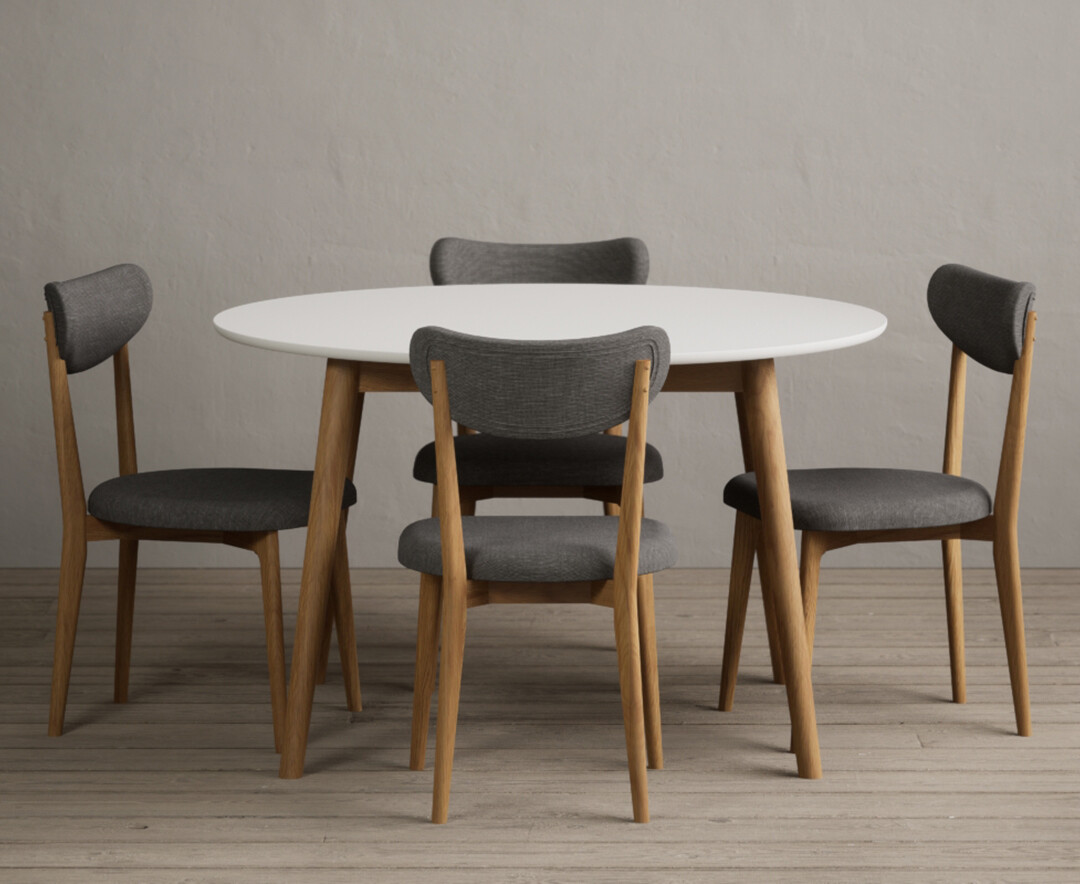 Nordic 120cm Round Solid Oak And Signal White Painted Dining Table With 4 Grey Nordic Chairs