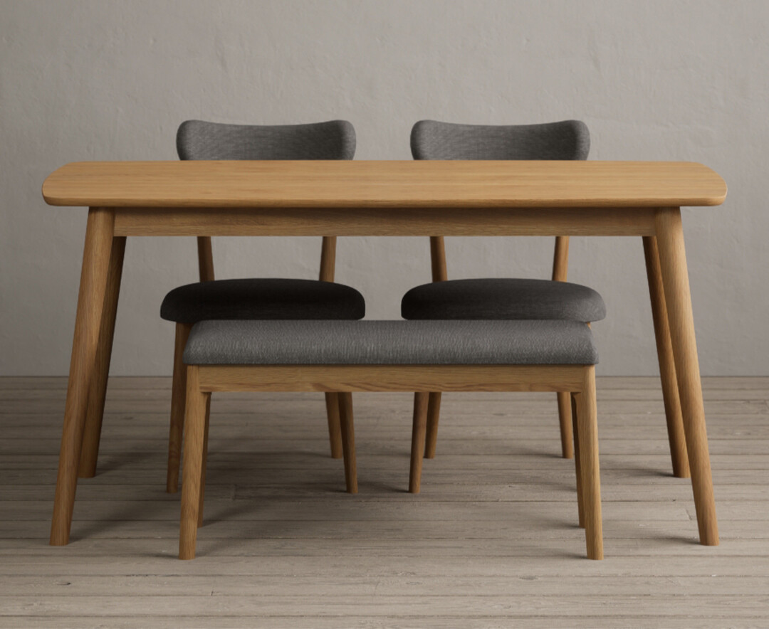 Nordic 150cm Solid Oak Dining Table with 4 Grey Nordic Chairs with 1 Grey Bench from Oak Furniture Superstore