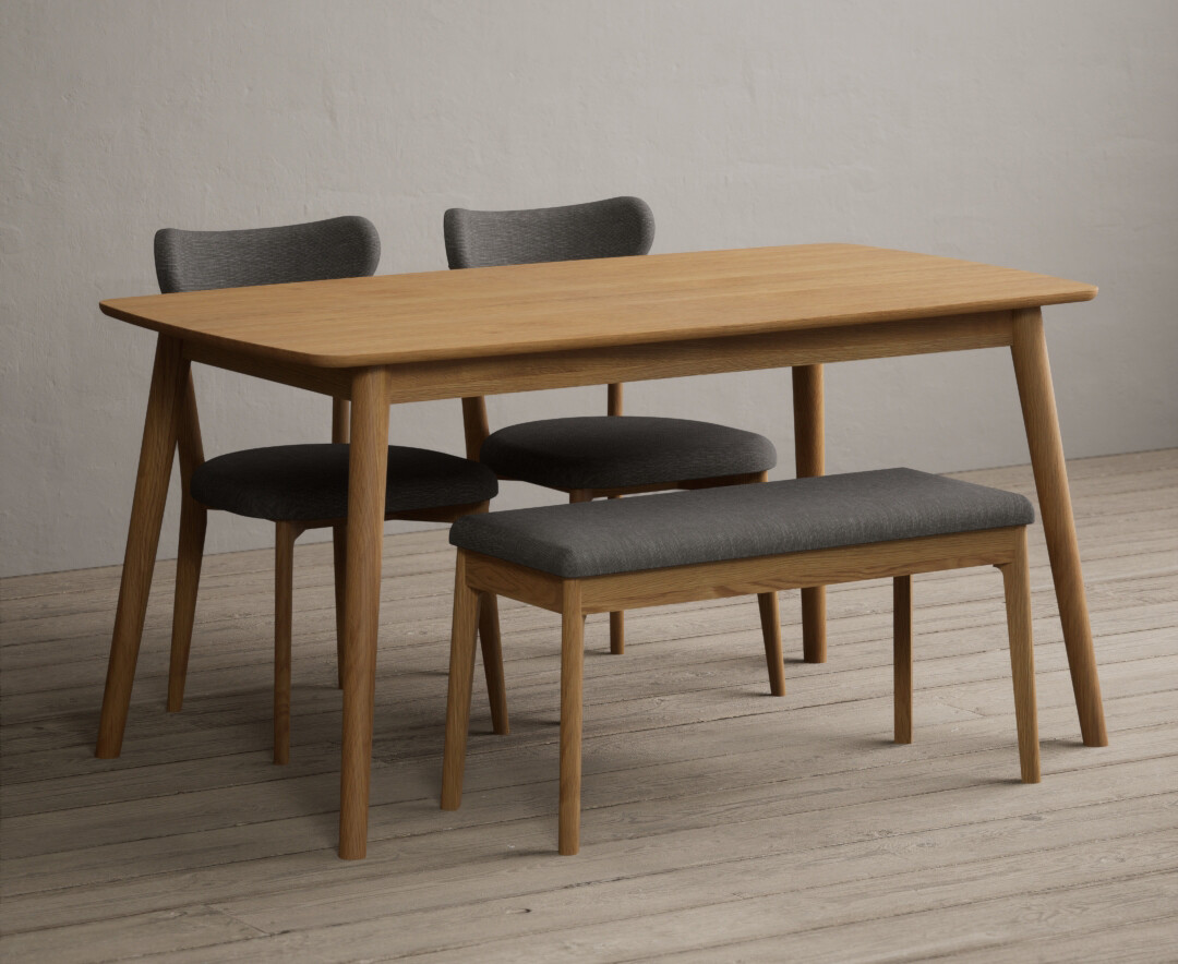 Nordic 150cm Solid Oak Dining Table With 2 Grey Nordic Chairs With 1 Grey Bench
