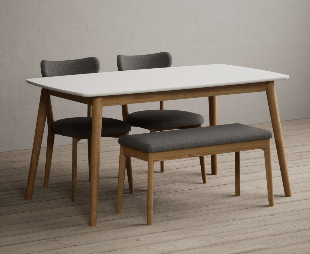 Nordic 150cm Solid Oak And Signal White Painted Dining Table With 2 Grey Nordic Chairs With 1 Grey Bench
