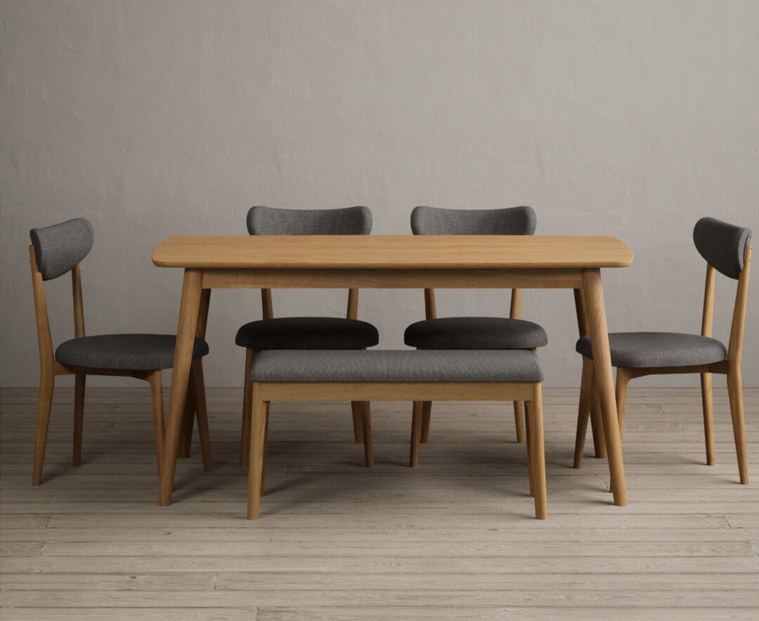 Nordic 150cm Solid Oak Dining Table with 4 Grey Nordic Chairs and 1 Grey Bench
