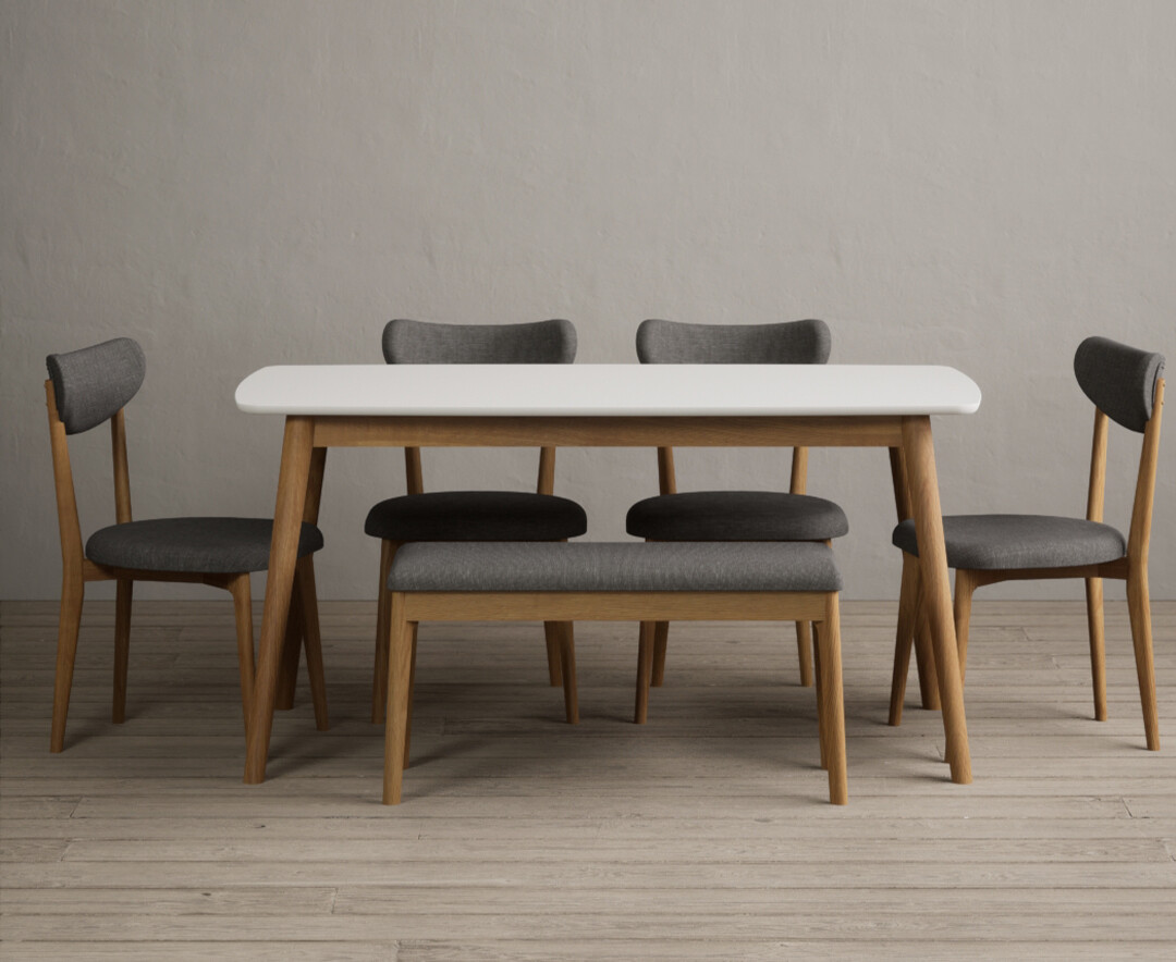 Nordic 150cm Solid Oak And Signal White Painted Dining Table With 4 Grey Nordic Chairs With 1 Grey Bench