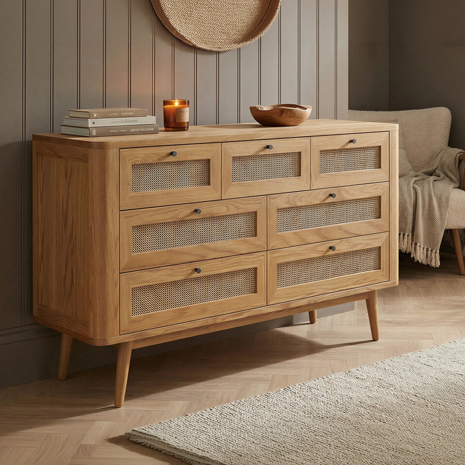 Oak Rattan Wide Chest of Drawers