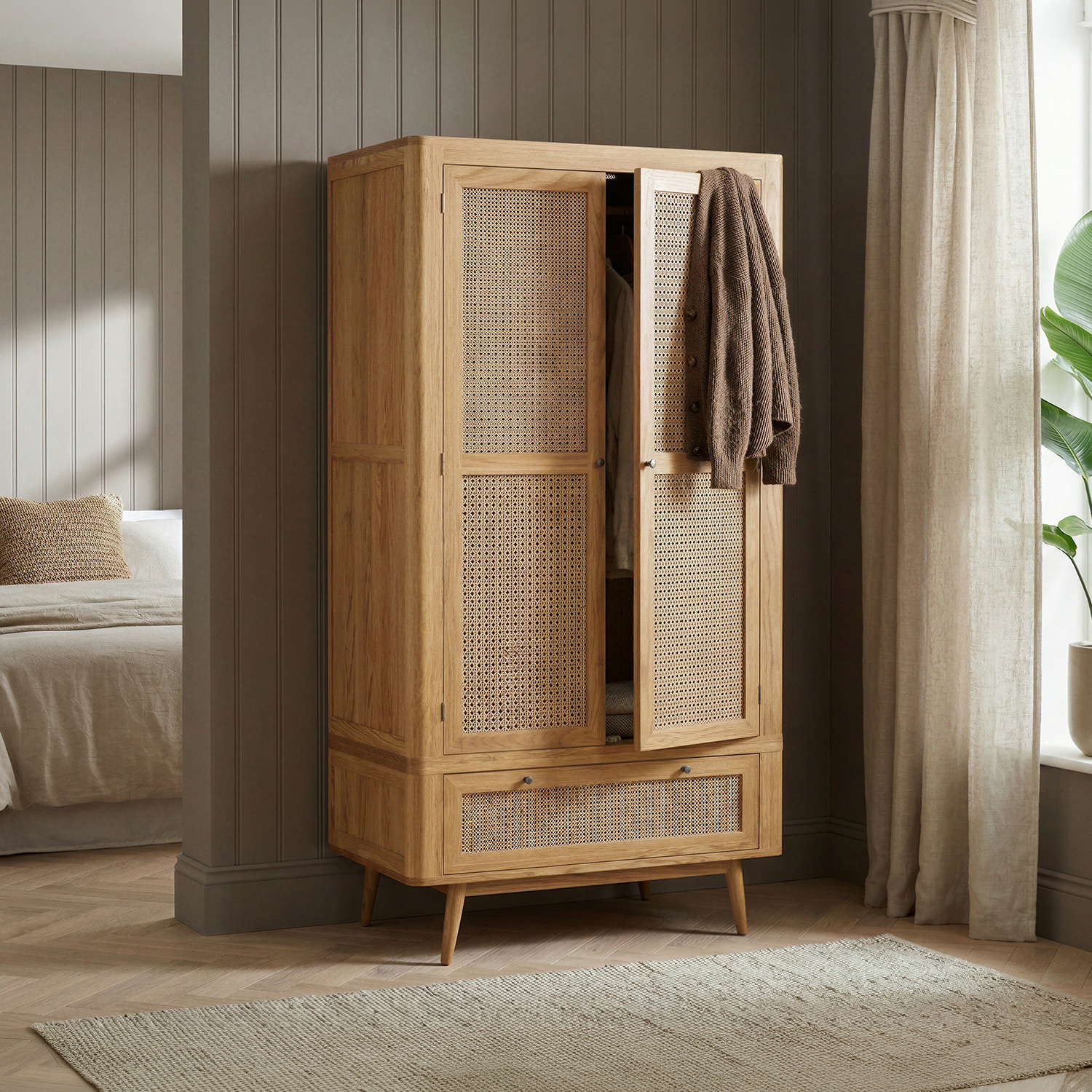 Oak Rattan Double Wardrobe