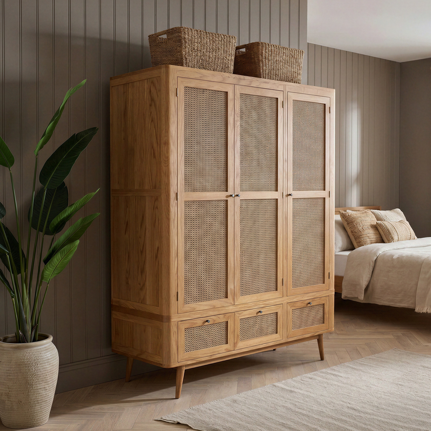 Oak Rattan Triple Wardrobe