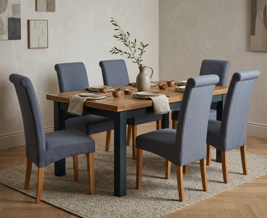 Extending Buxton 180cm Oak and Dark Blue Painted Dining Table with 6 Blue Scroll Back Chairs