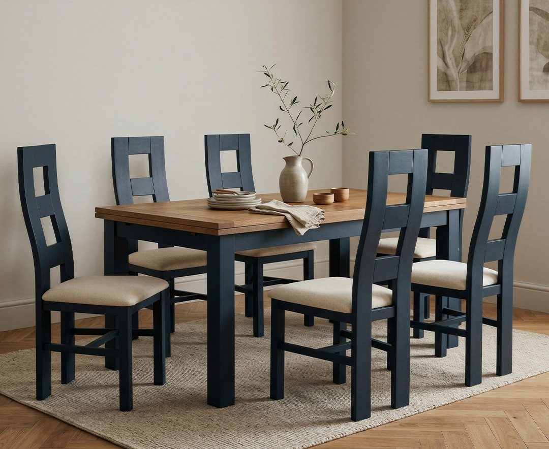 Extending Buxton 180cm Oak and Dark Blue Painted Dining Table with 6 Linen Painted Chairs