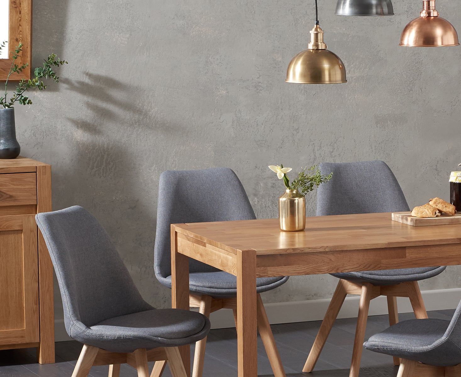 York 120cm Solid Oak Dining Table with 4 Dark Grey Orson Chairs