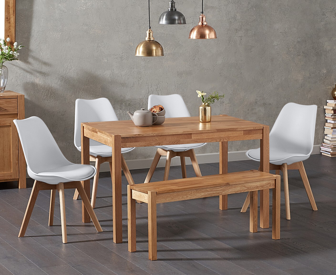 York 120cm Solid Oak Dining Table with 2 White Orson Chairs with 2 Oak Benches from Oak Furniture Superstore