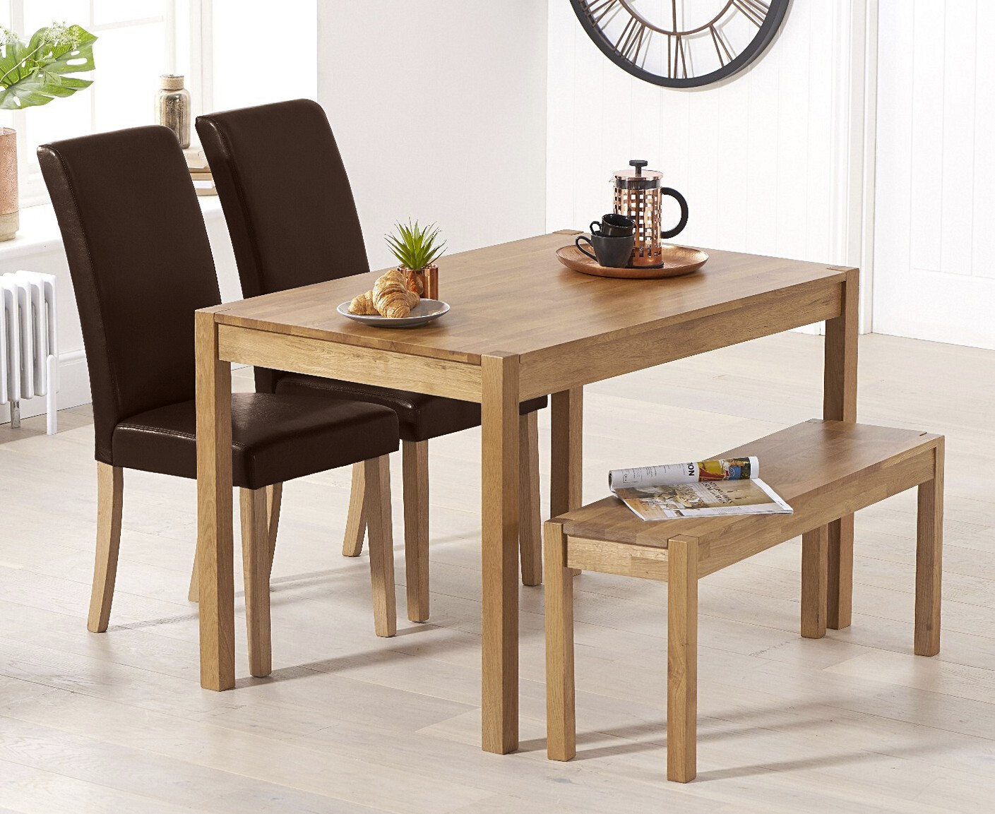 York 120cm Solid Oak Dining Table with 4 Grey Olivia Chairs and 2 Oak Benches