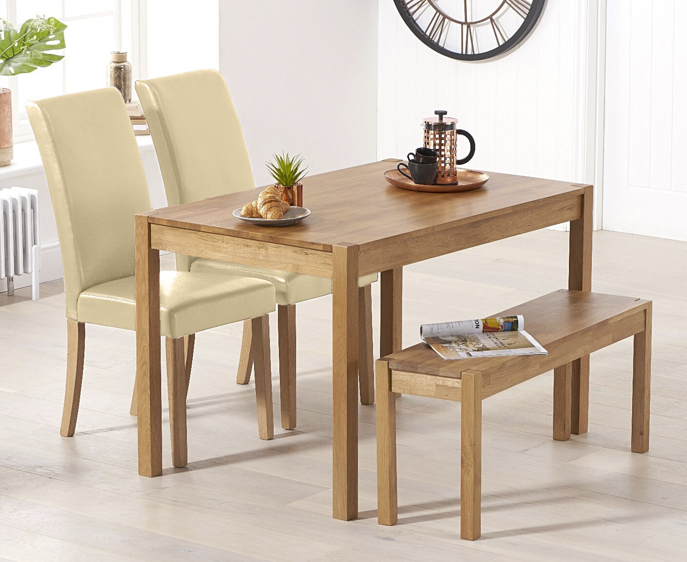 York 120cm Solid Oak Dining Table with 4 Grey Olivia Chairs and 2 Oak Benches