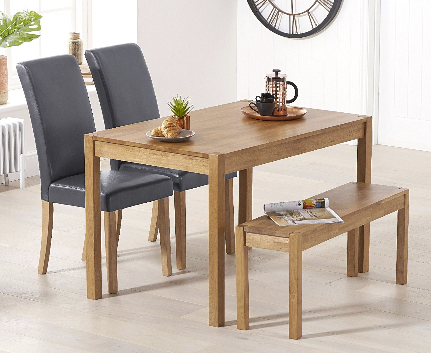 York 120cm Solid Oak Dining Table with 4 Grey Olivia Chairs and 2 Oak Benches