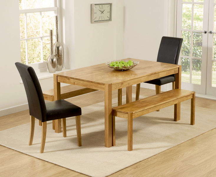 York 150cm Solid Oak Dining Table With 2 Cream Olivia Chairs With 2 Oak Benches