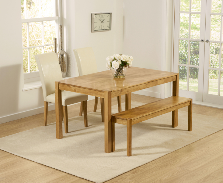 York 150cm Solid Oak Dining Table with 2 Brown Olivia Chairs and 2 Oak Benches