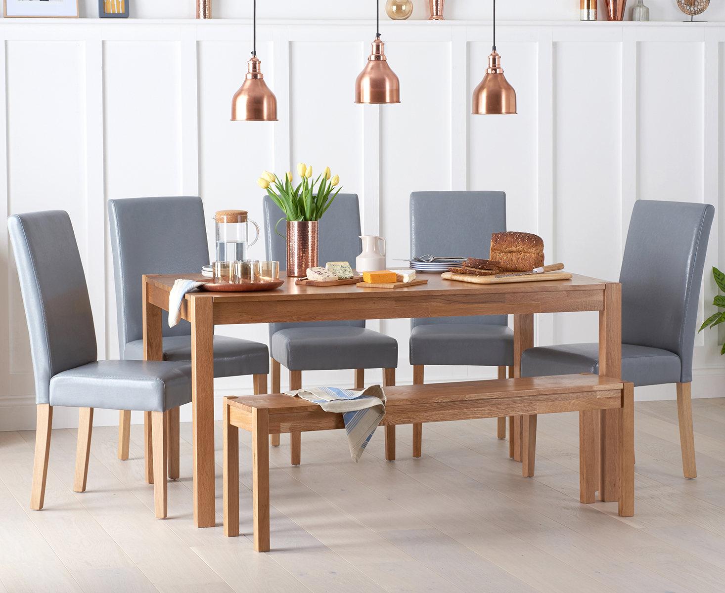 York 150cm Solid Oak Dining Table with 2 Brown Olivia Chairs and 2 Oak Benches