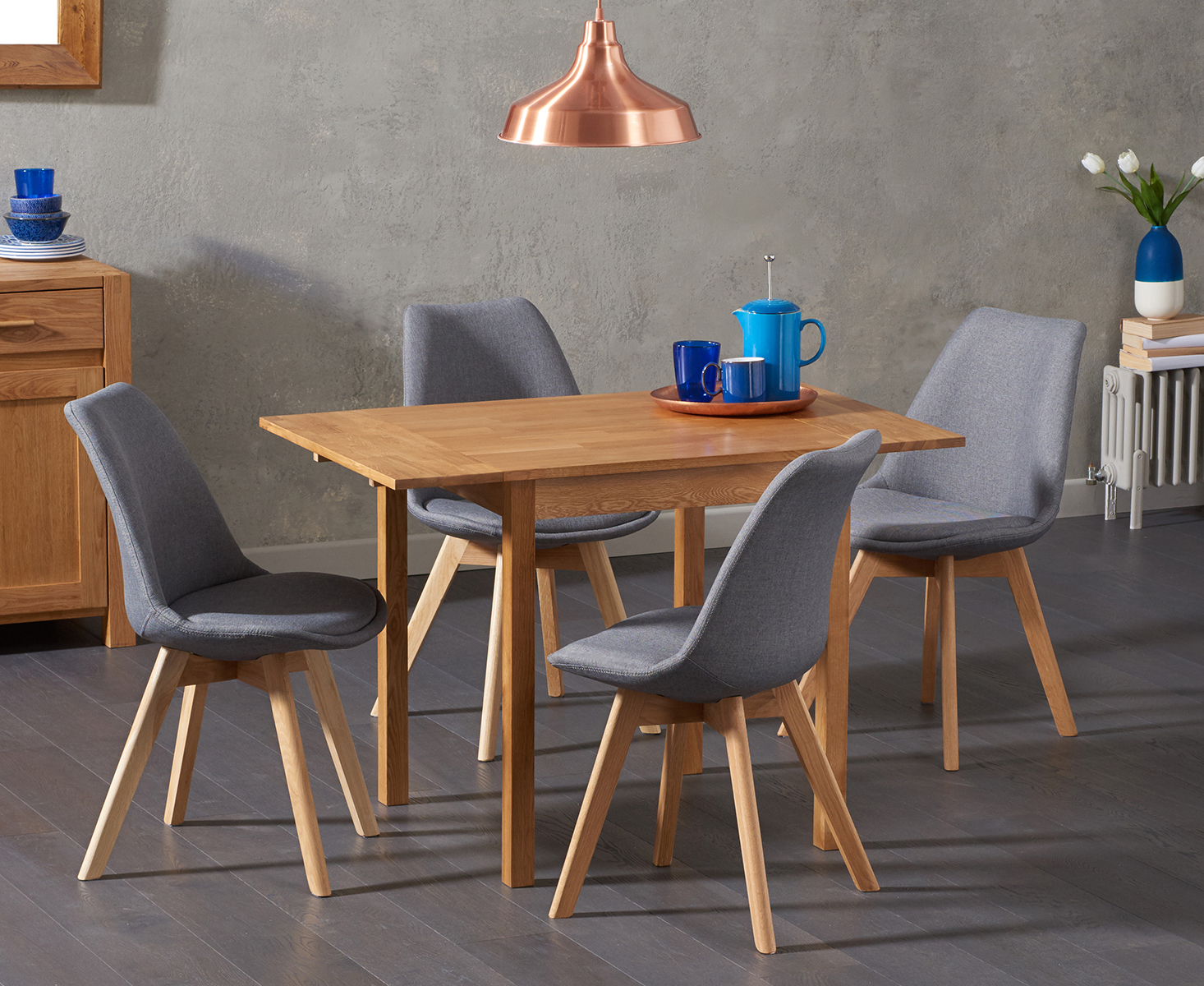 Extending York 70cm Solid Oak Drop Leaf Dining Table With 2 Dark Grey Orson Chairs