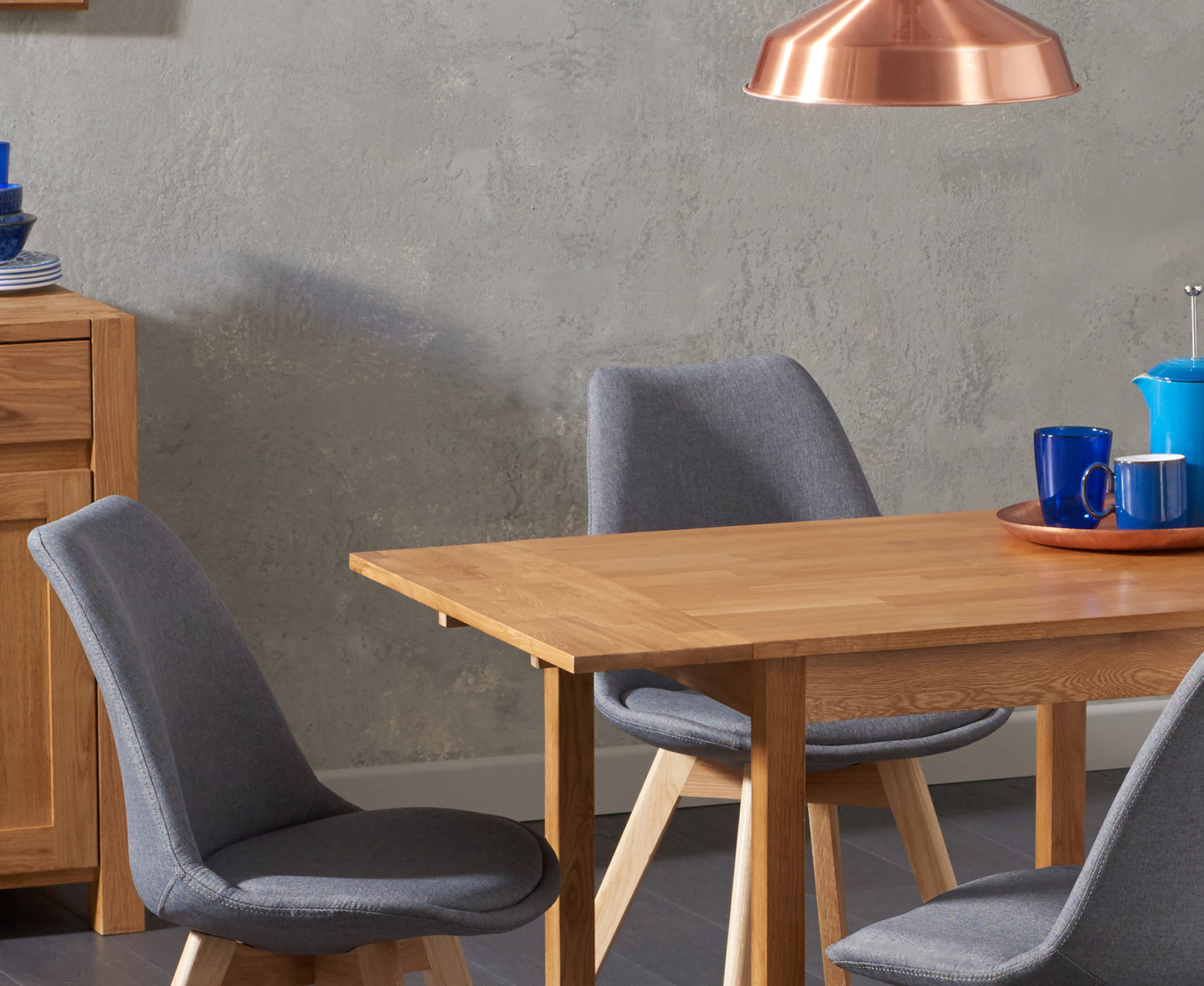 Extending York 70cm Solid Oak Drop Leaf Dining Table with 2 Dark Grey Orson Chairs