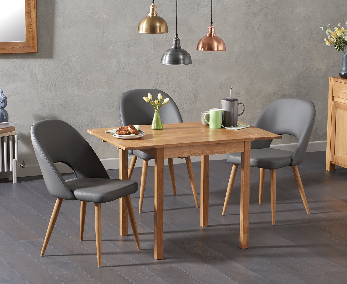 Extending York 70cm Solid Oak Drop Leaf Dining Table With 2 Grey Hudson Chairs