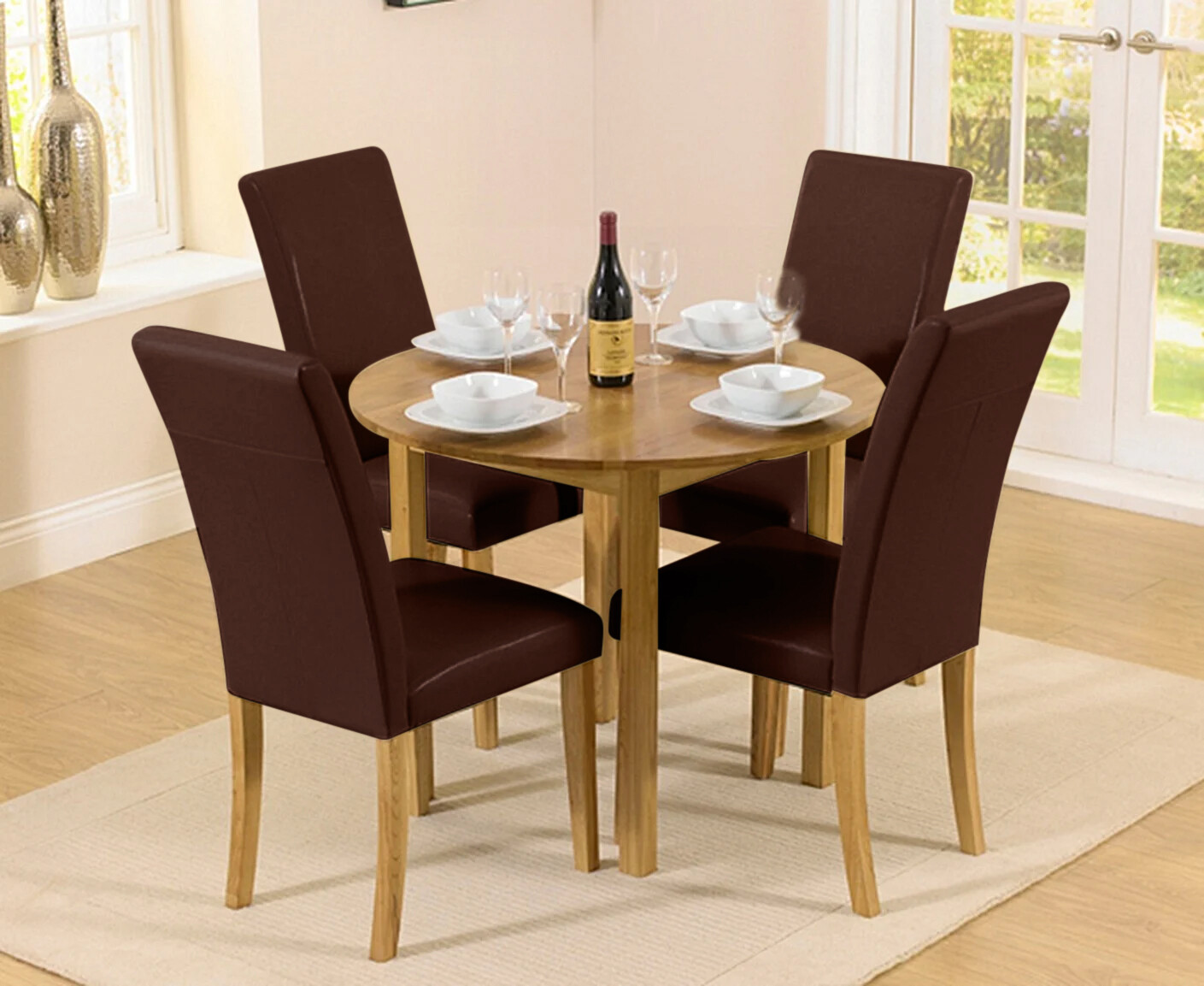 Extending York 90cm Solid Oak Dining Table with 2 Brown Olivia Chairs