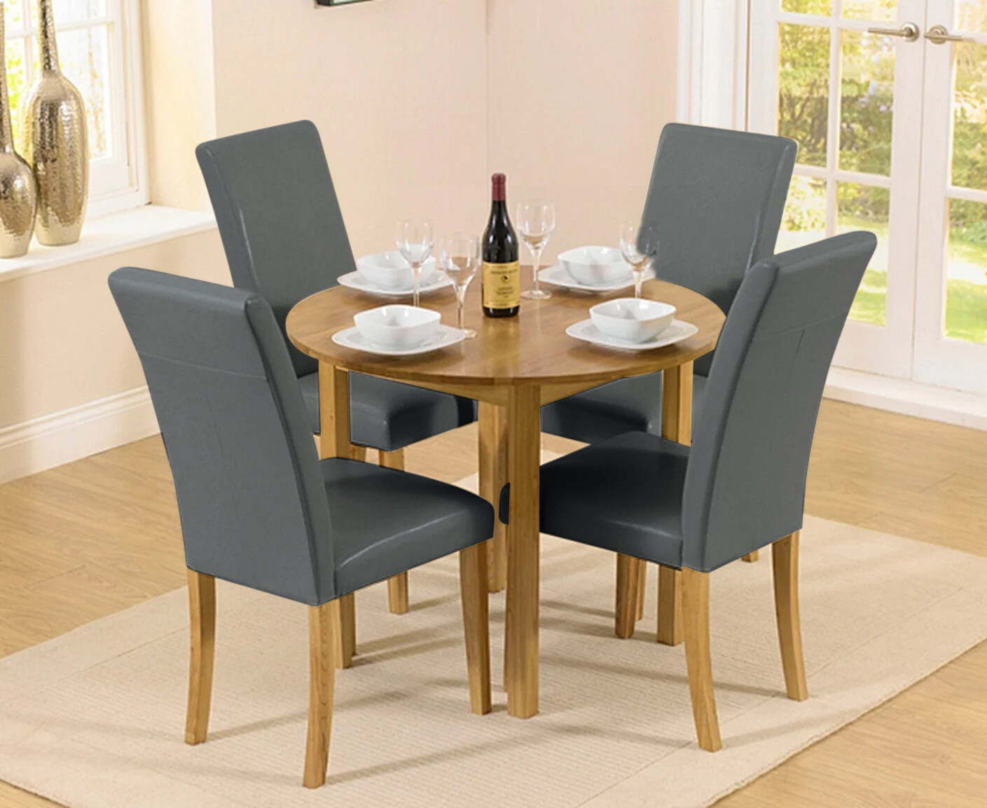 Extending York 90cm Solid Oak Drop Leaf Dining Table with 4 Cream Olivia Chairs