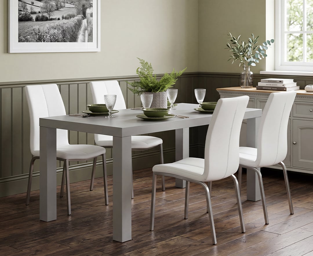 Seattle 120cm Light Grey High Gloss Dining Table with 4 White Marco Chairs