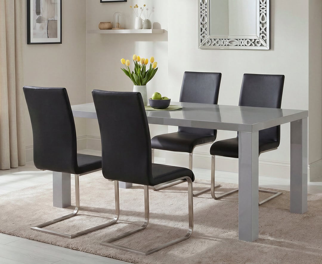 Seattle 160cm Light Grey High Gloss Dining Table with 4 Grey Austin Chairs