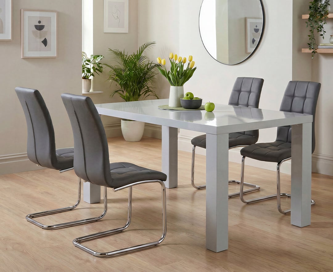 Seattle 160cm Light Grey High Gloss Dining Table with 6 Grey Vigo Chairs