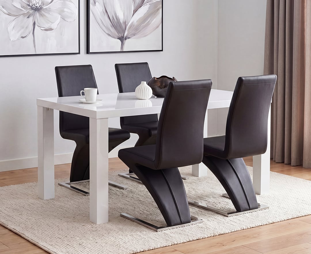 Seattle 160cm White High Gloss Dining Table with 4 Black Aldo Chairs