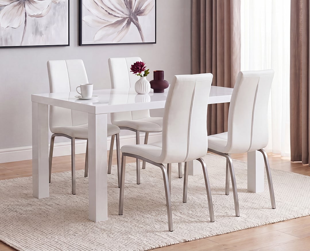 Seattle 160cm White High Gloss Dining Table with 4 Grey Marco Chairs
