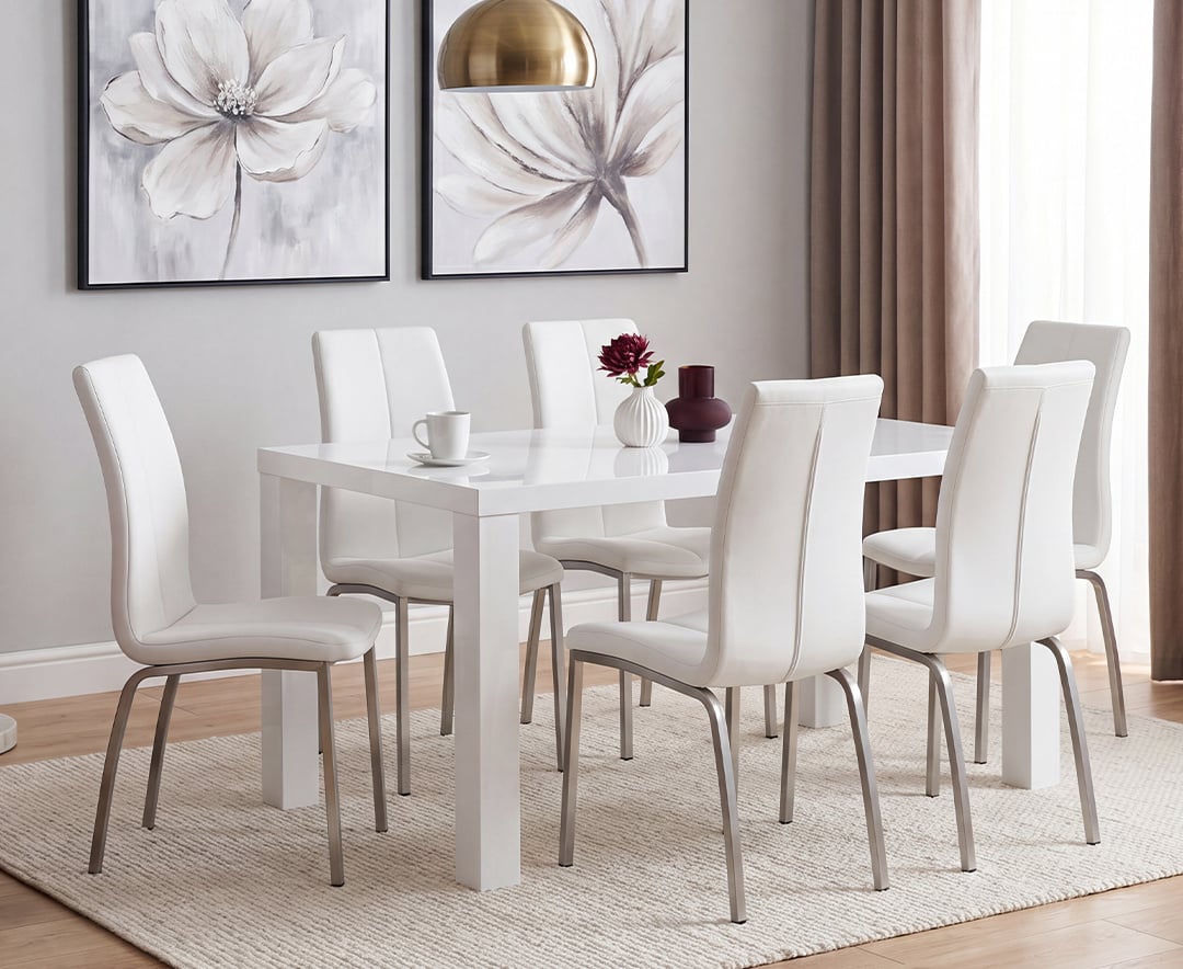 Seattle 160cm White High Gloss Dining Table with 4 Grey Marco Chairs