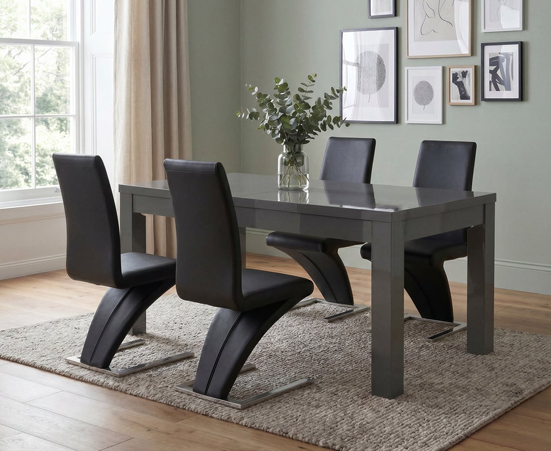 Extending Seattle 160cm Dark Grey High Gloss Dining Table with 4 Black Aldo Chairs