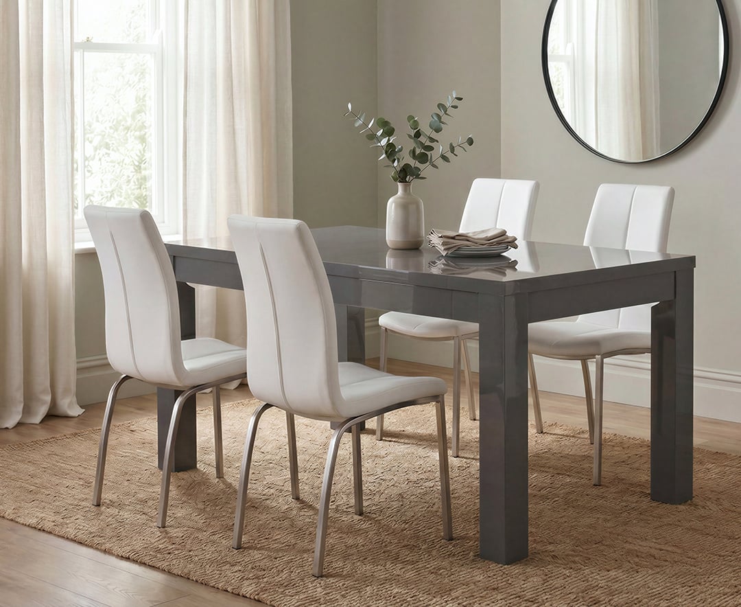 Extending Seattle 160cm Dark Grey High Gloss Dining Table with 6 White Marco Chairs